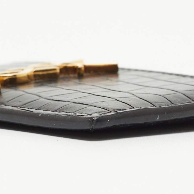 Pre Owned Saint Laurent Black Croc Embossed Leather Monogram Card Holder