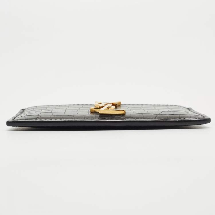 Pre Owned Saint Laurent Black Croc Embossed Leather Monogram Card Holder