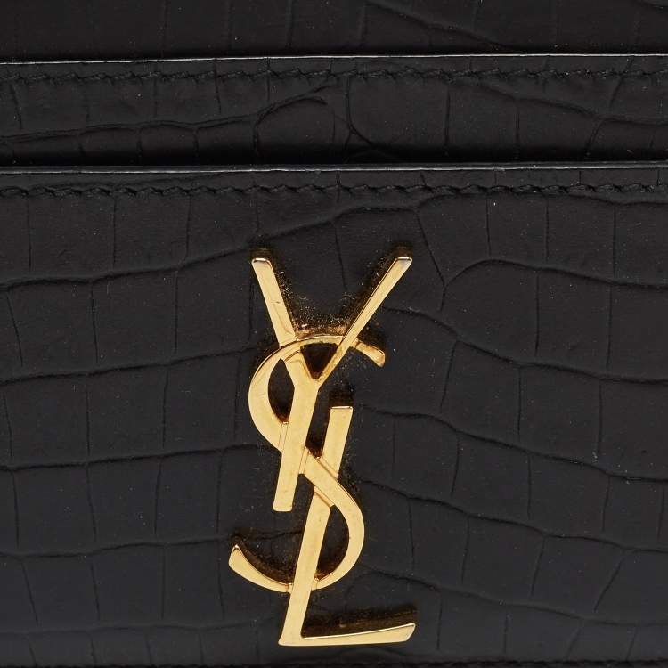 Pre Owned Saint Laurent Black Croc Embossed Leather Monogram Card Holder