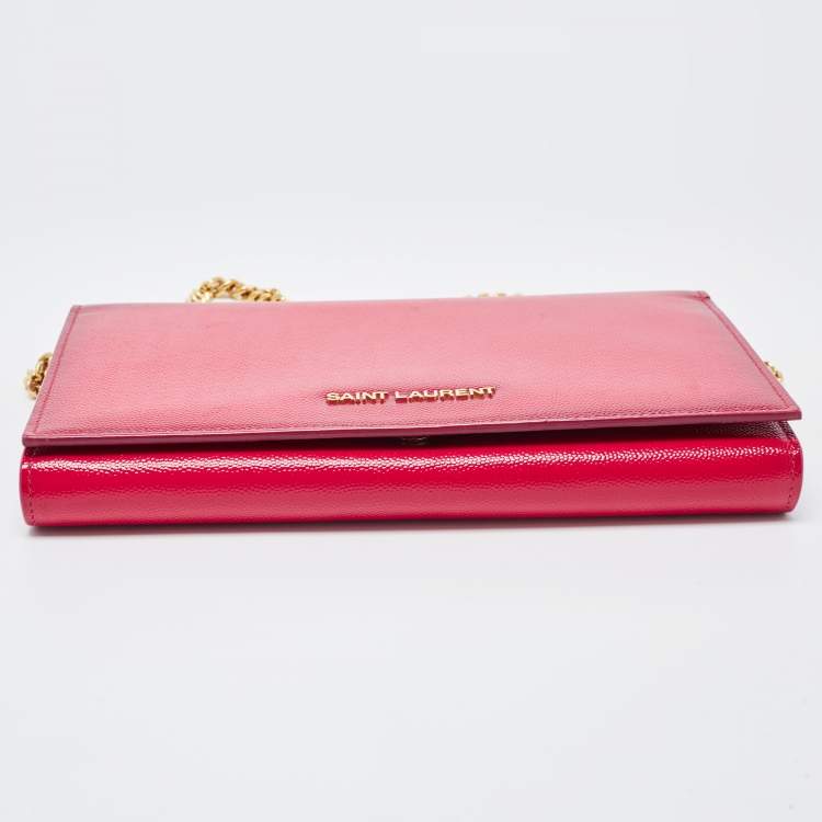 Pre Owned Saint Laurent Fuchsia Textured Patent Leather Classic Wallet on Chain