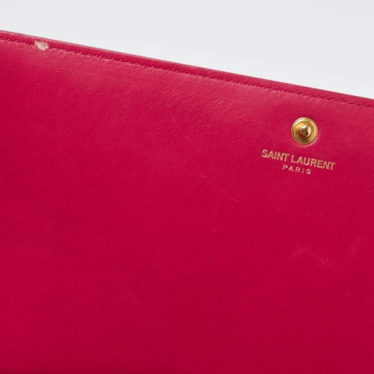 Pre Owned Saint Laurent Fuchsia Textured Patent Leather Classic Wallet on Chain