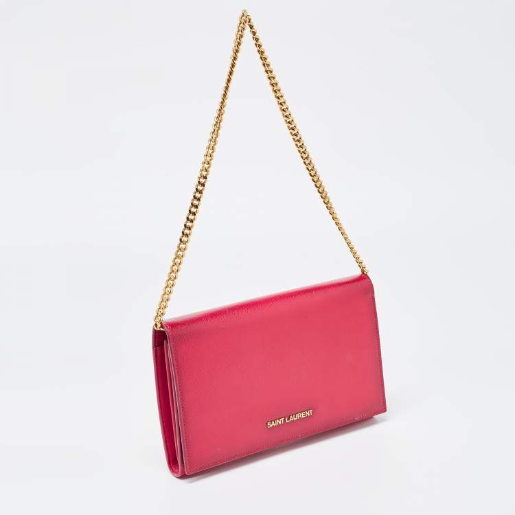 Pre Owned Saint Laurent Fuchsia Textured Patent Leather Classic Wallet on Chain