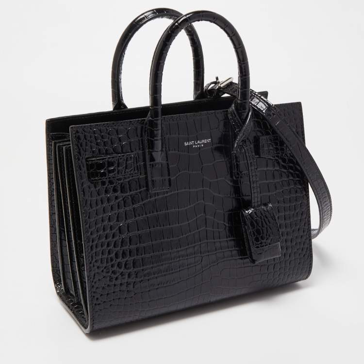 Pre Owned Saint Laurent Black Croc Embossed Leather Nano Classic Sac De Jour Tote