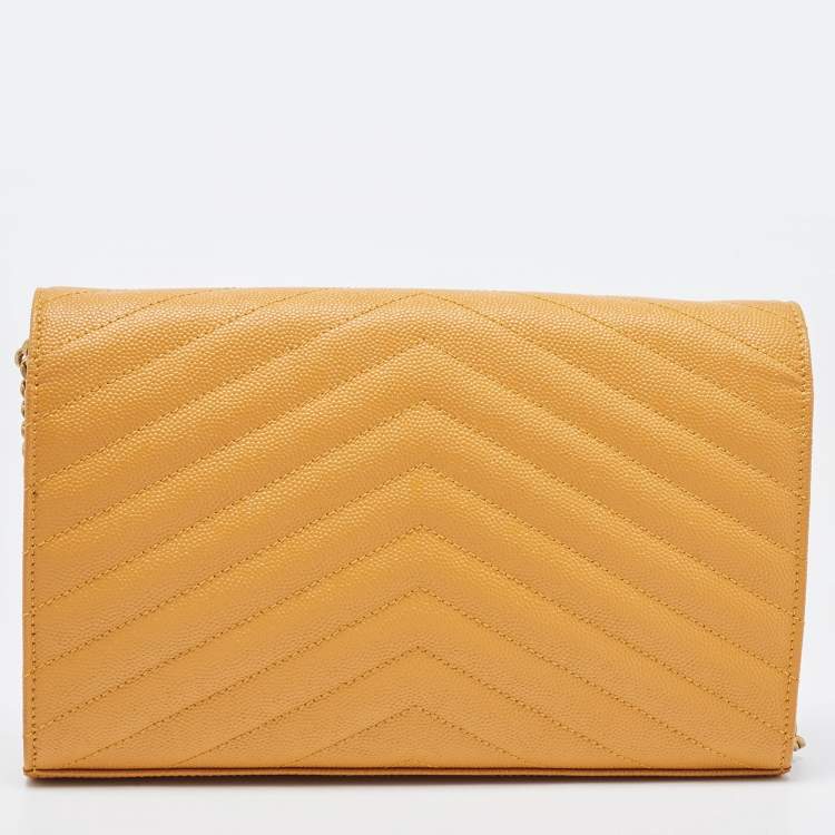 Pre Owned Saint Laurent Mustard Matelassé Leather Monogram Envelope Wallet on Chain