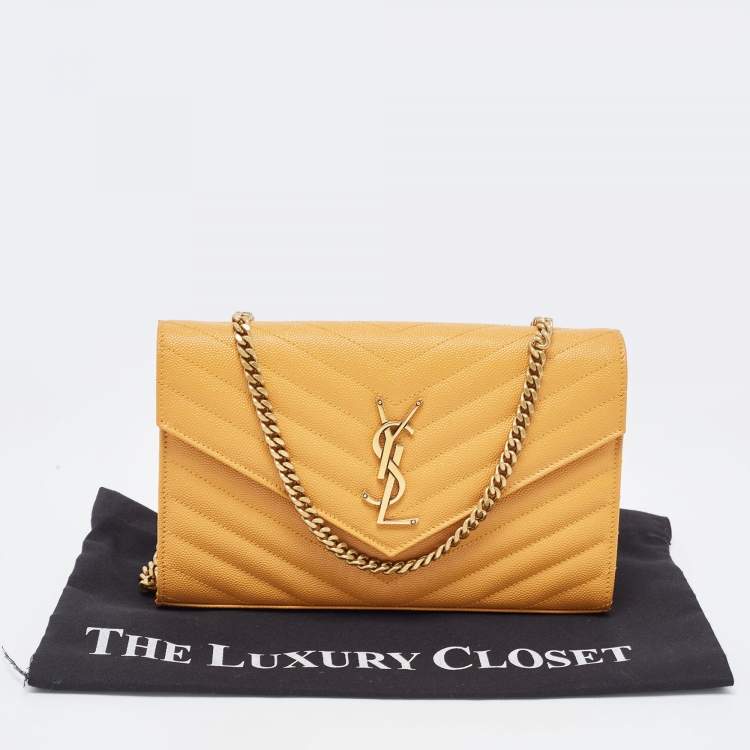 Pre Owned Saint Laurent Mustard Matelassé Leather Monogram Envelope Wallet on Chain