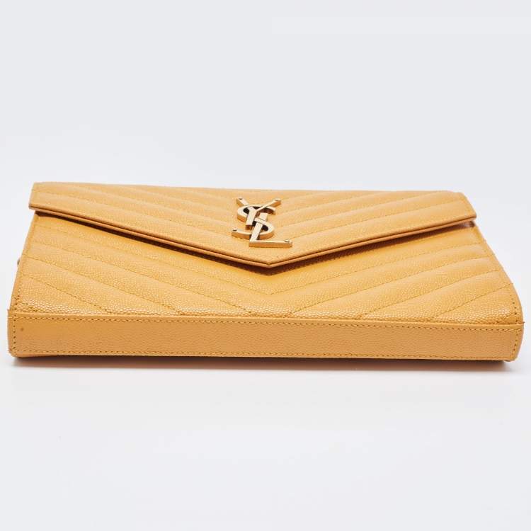 Pre Owned Saint Laurent Mustard Matelassé Leather Monogram Envelope Wallet on Chain