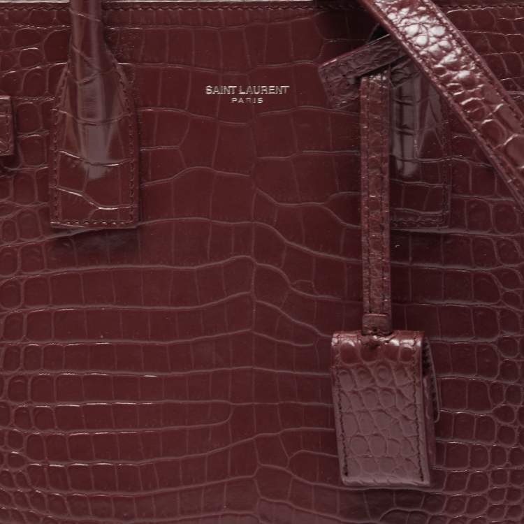 Pre Owned Saint Laurent Burgundy Croc Embossed Leather Baby Classic Sac De Jour Tote