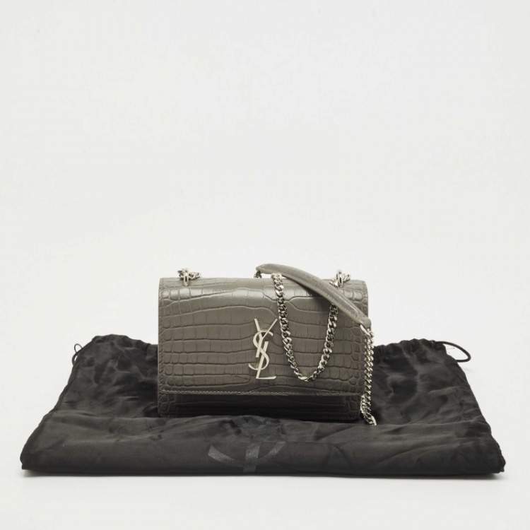 Pre Owned Saint Laurent Grey Croc Embossed Leather Mini Sunset Chain Bag