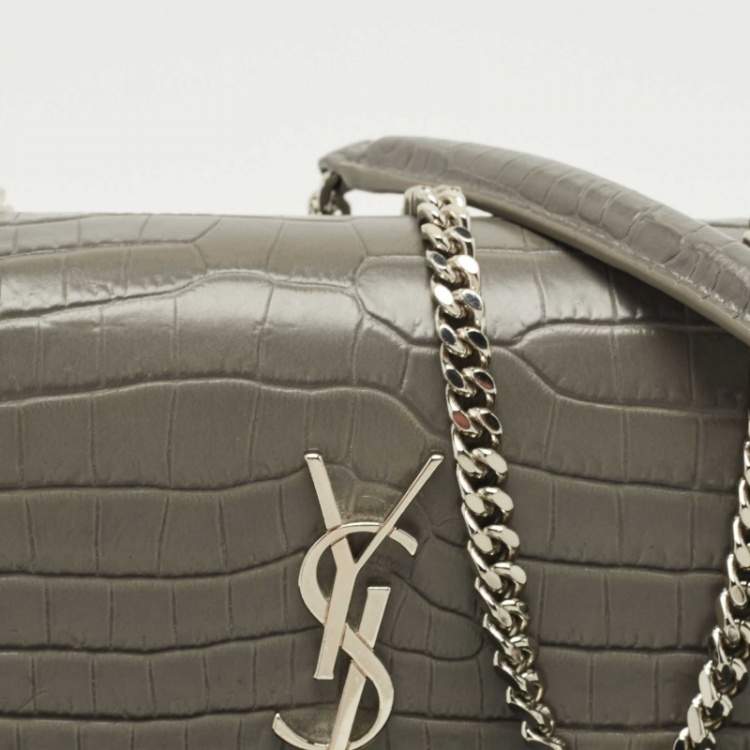 Pre Owned Saint Laurent Grey Croc Embossed Leather Mini Sunset Chain Bag