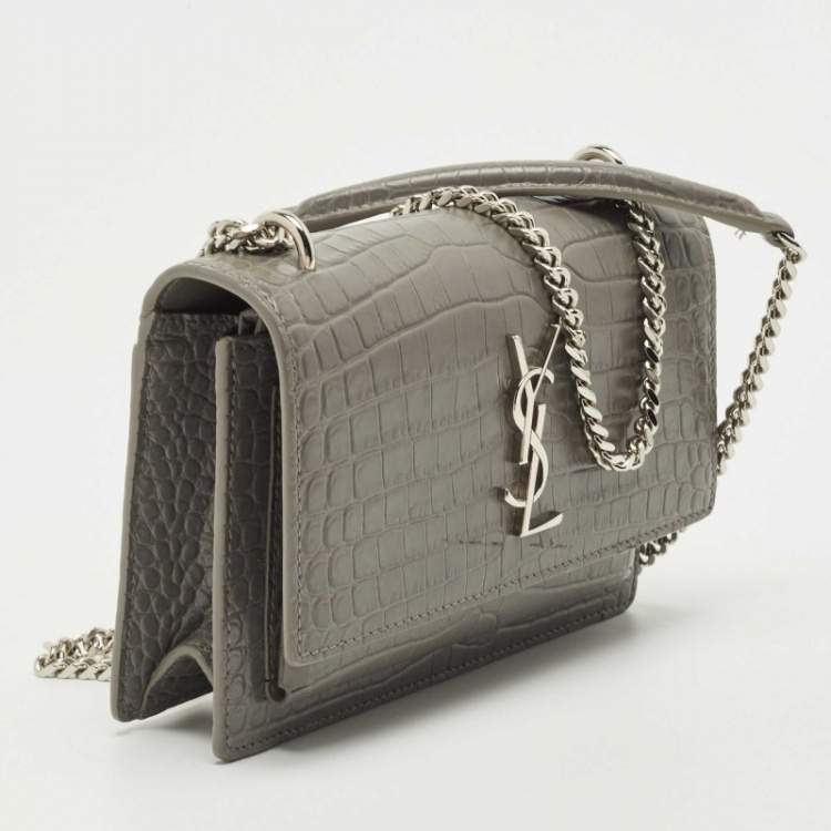 Pre Owned Saint Laurent Grey Croc Embossed Leather Mini Sunset Chain Bag