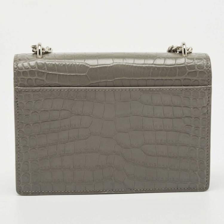 Pre Owned Saint Laurent Grey Croc Embossed Leather Mini Sunset Chain Bag