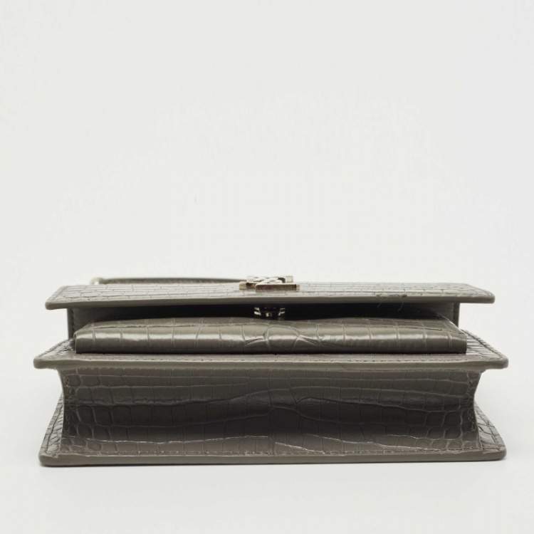 Pre Owned Saint Laurent Grey Croc Embossed Leather Mini Sunset Chain Bag