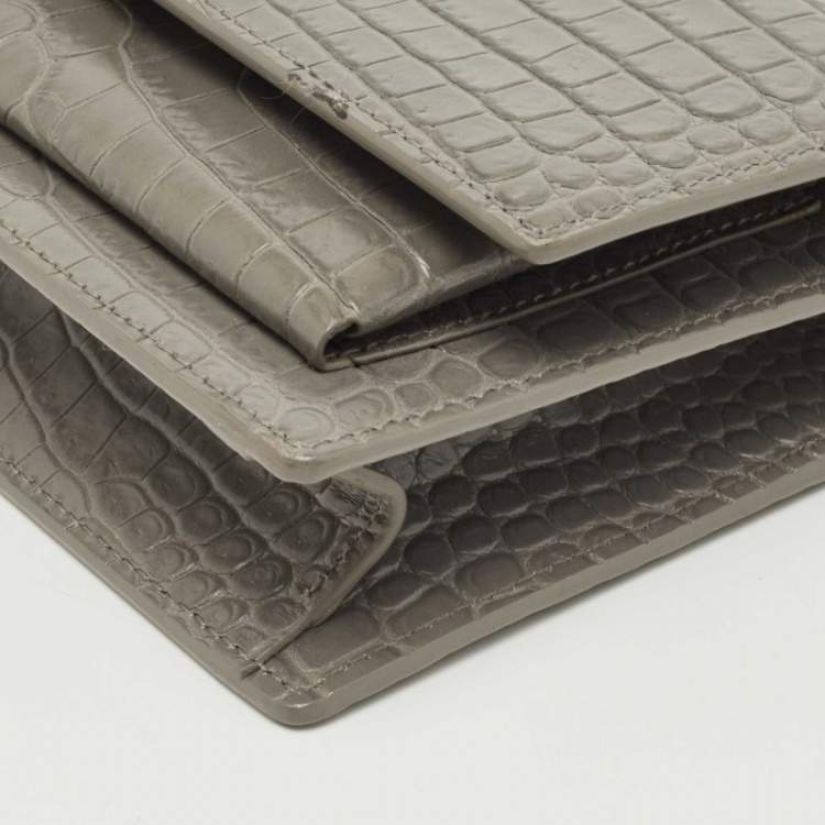 Pre Owned Saint Laurent Grey Croc Embossed Leather Mini Sunset Chain Bag
