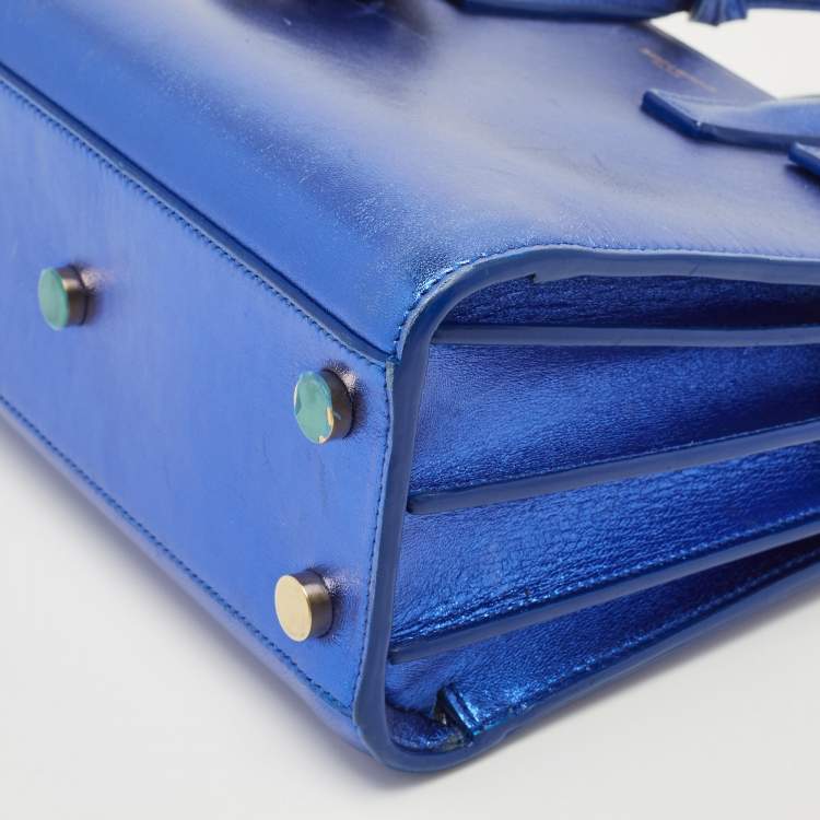 Pre Owned Saint Laurent Metallic Blue Leather Nano Classic Sac De Jour Tote