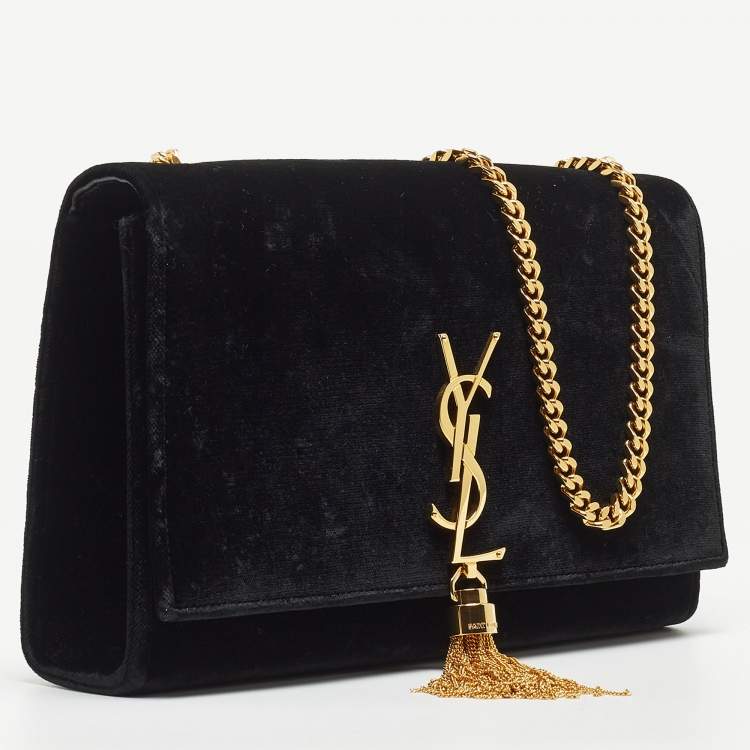 مملوكة مسبقًا Saint Laurent Black Velvet Monogram Kate Tassel Chain Bag