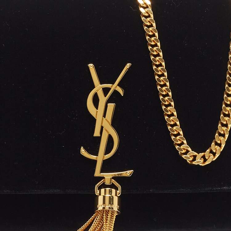 مملوكة مسبقًا Saint Laurent Black Velvet Monogram Kate Tassel Chain Bag
