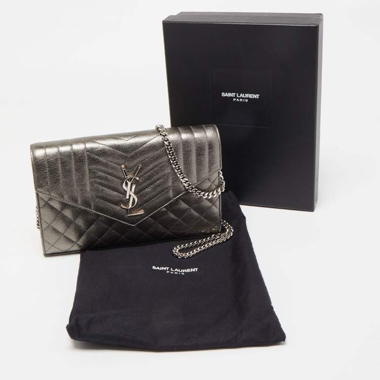 Pre Owned Saint Laurent Metallic Mix Matelassé Leather Monogram Envelope Wallet on Chain