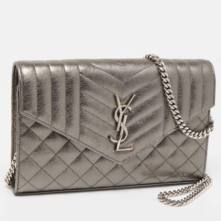 Pre Owned Saint Laurent Metallic Mix Matelassé Leather Monogram Envelope Wallet on Chain