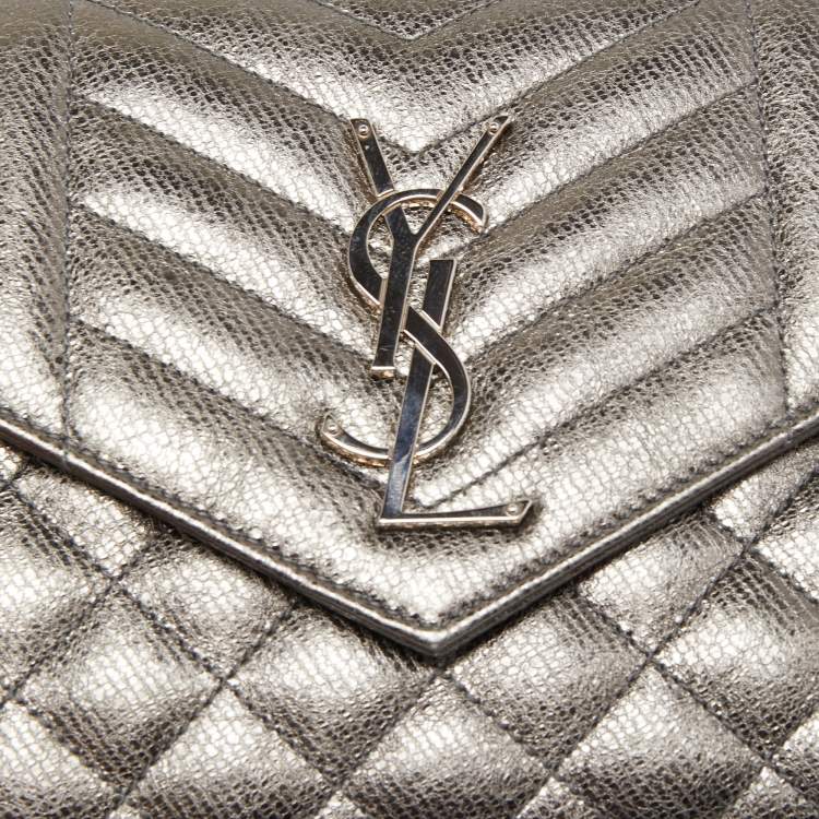 Pre Owned Saint Laurent Metallic Mix Matelassé Leather Monogram Envelope Wallet on Chain