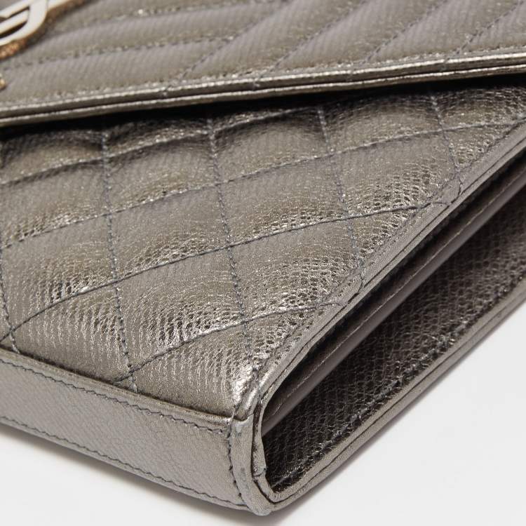 Pre Owned Saint Laurent Metallic Mix Matelassé Leather Monogram Envelope Wallet on Chain