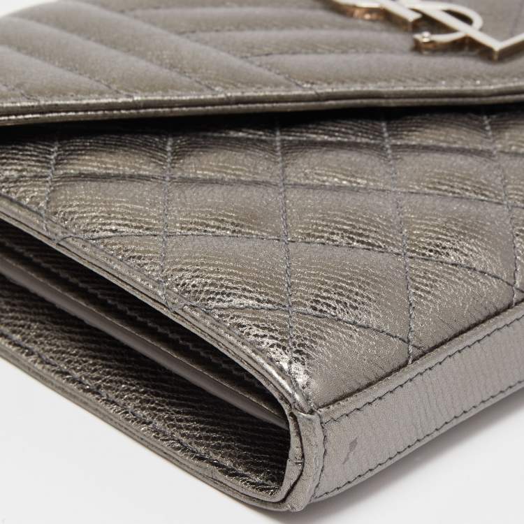 Pre Owned Saint Laurent Metallic Mix Matelassé Leather Monogram Envelope Wallet on Chain