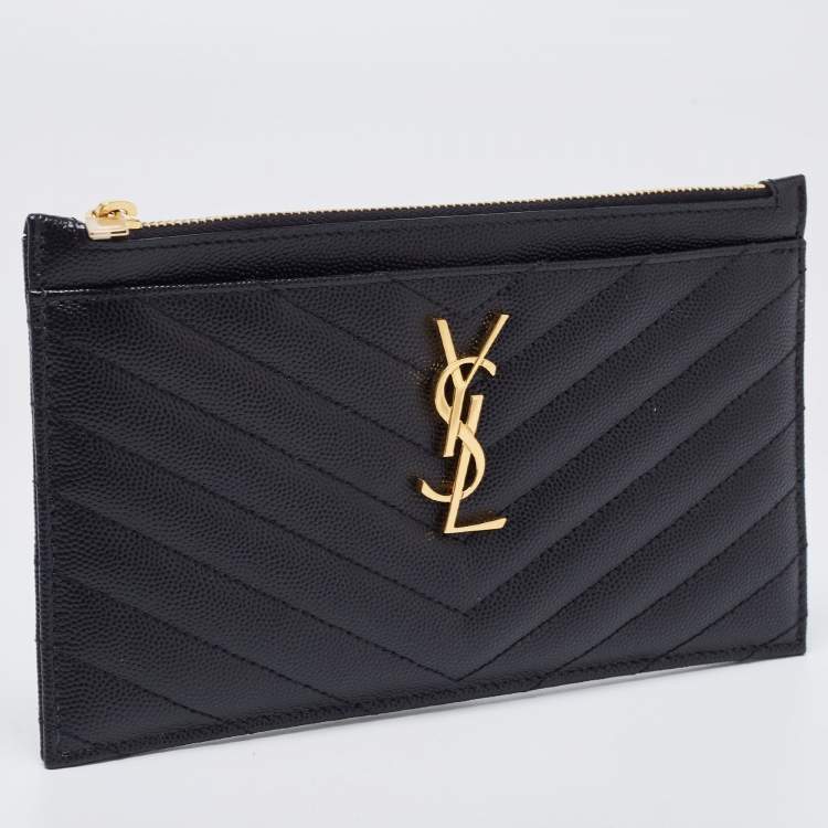 مملوكة مسبقًا Saint Laurent Black Matelassé Leather Monogram Zip Clutch 