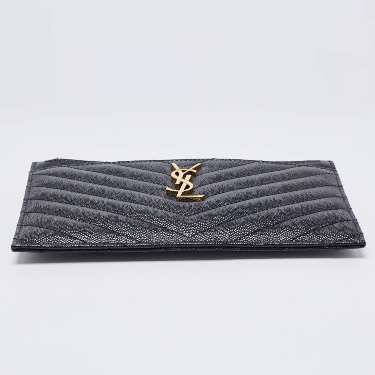 مملوكة مسبقًا Saint Laurent Black Matelassé Leather Monogram Zip Clutch 