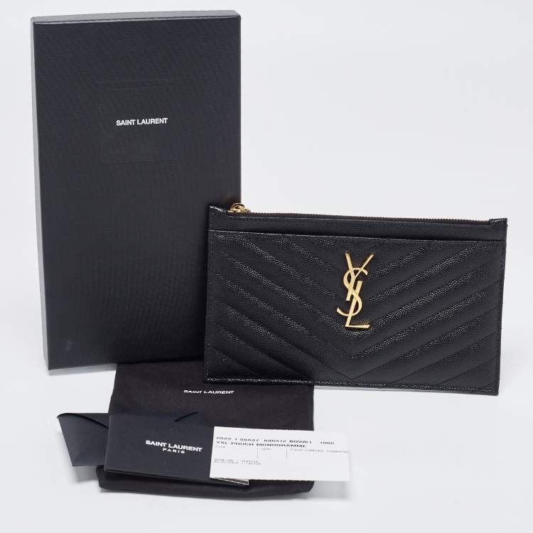 مملوكة مسبقًا Saint Laurent Black Matelassé Leather Monogram Zip Clutch 