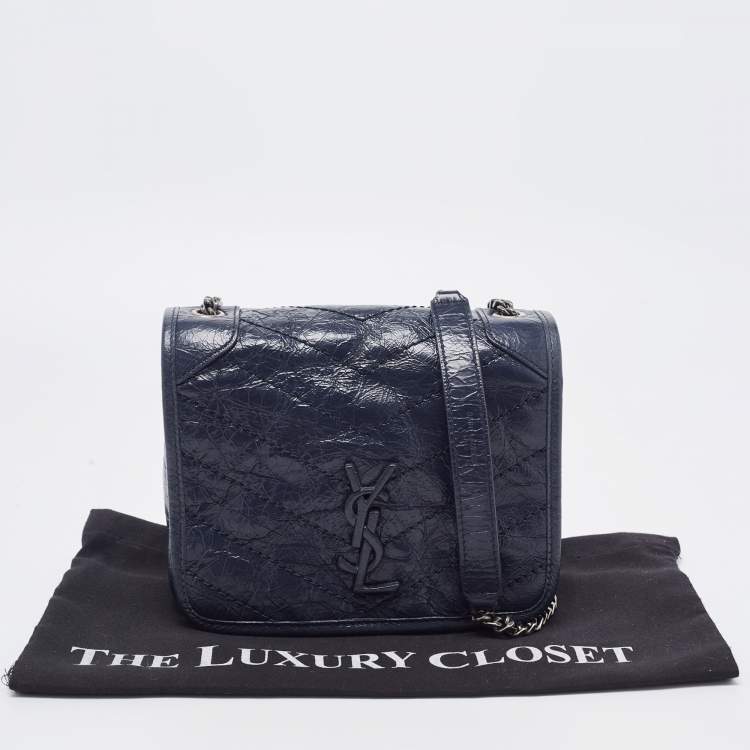 Pre Owned Saint Laurent Navy Blue Crinkled Leather Mini Niki Chain Shoulder Bag