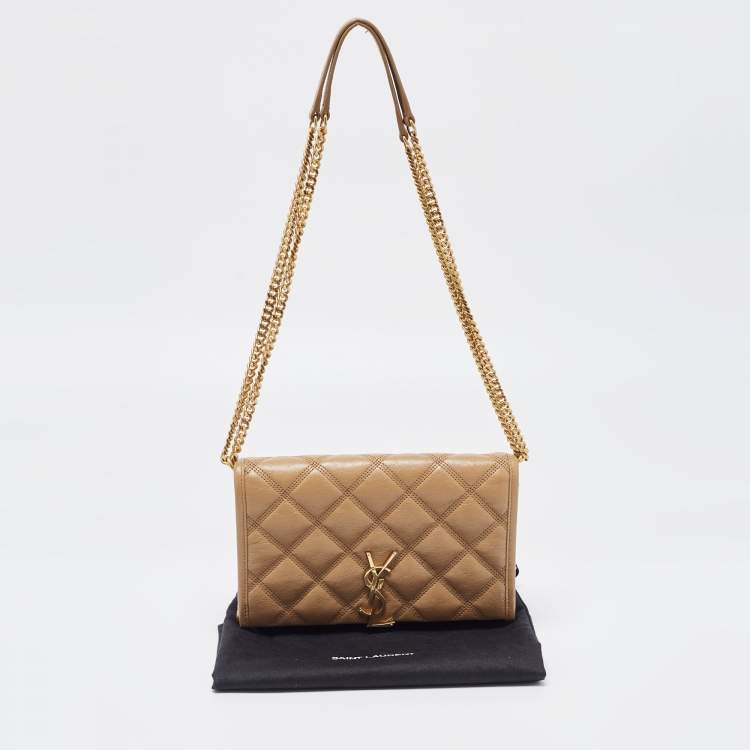 Pre Owned Saint Laurent Tan Quilted Leather Becky Wallet On Chain