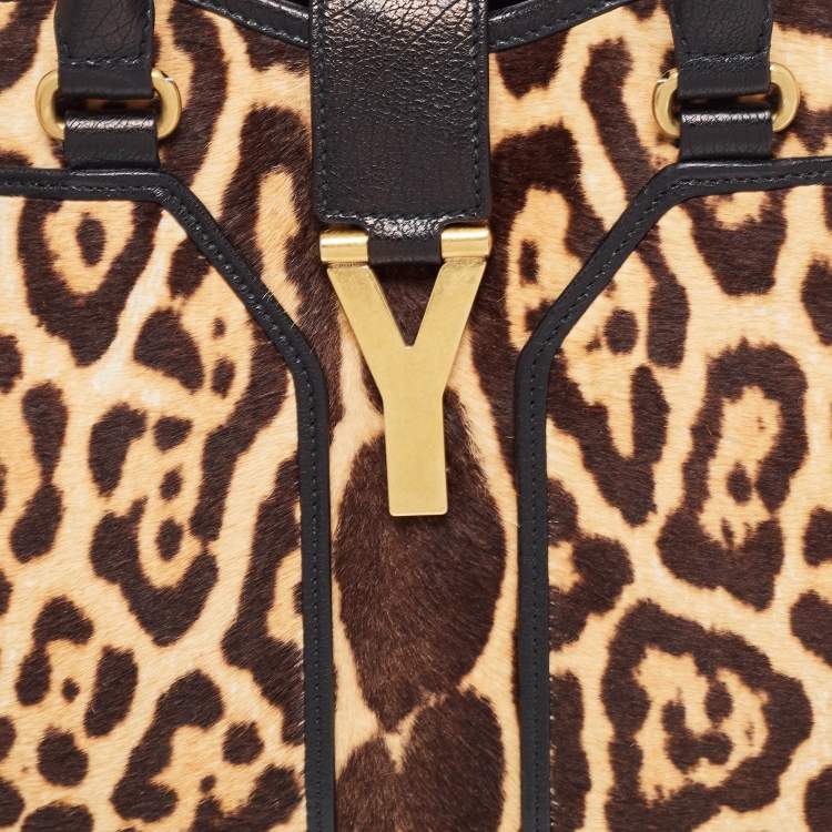 Pre Owned Saint Laurent Black Leather and Leopard Calfhair Medium Cabas Chyc Tote