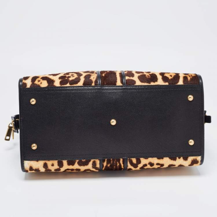 Pre Owned Saint Laurent Black Leather and Leopard Calfhair Medium Cabas Chyc Tote