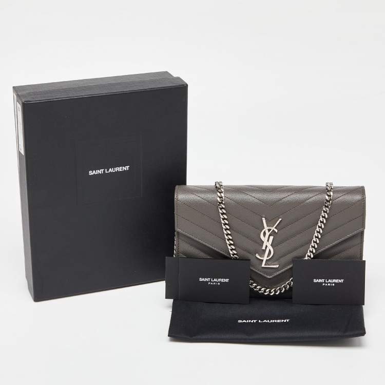 Pre Owned Saint Laurent Grey Matelassé Leather Monogram Envelope Wallet On Chain