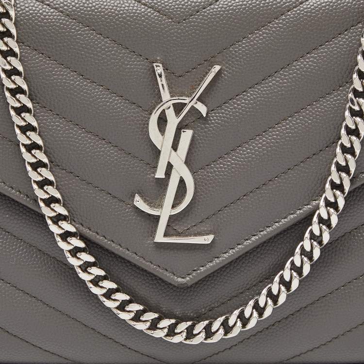 Pre Owned Saint Laurent Grey Matelassé Leather Monogram Envelope Wallet On Chain