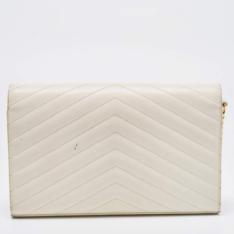 Pre Owned Saint Laurent White Matelasse Leather Monogram Envelope Wallet on Chain
