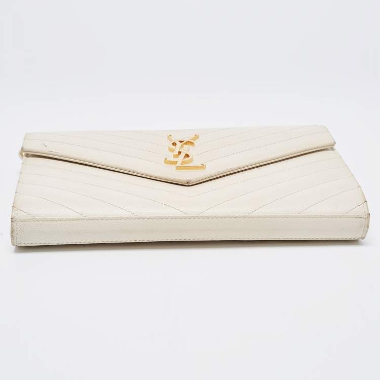 Pre Owned Saint Laurent White Matelasse Leather Monogram Envelope Wallet on Chain