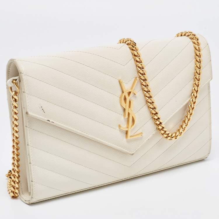 Pre Owned Saint Laurent White Matelasse Leather Monogram Envelope Wallet on Chain