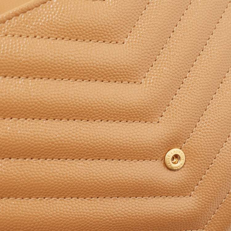 Pre Owned Saint Laurent Beige Chevron Leather Monogram Envelope Wristlet Clutch