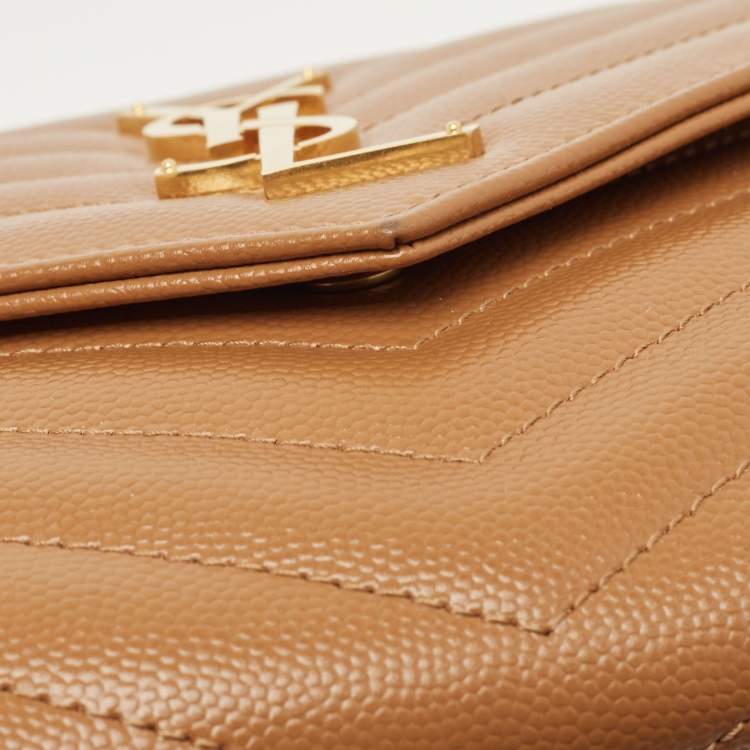 Pre Owned Saint Laurent Beige Chevron Leather Monogram Envelope Wristlet Clutch