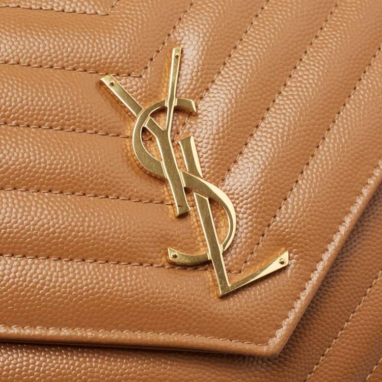 Pre Owned Saint Laurent Beige Chevron Leather Monogram Envelope Wristlet Clutch