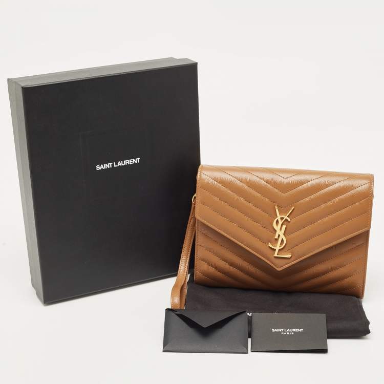Pre Owned Saint Laurent Beige Chevron Leather Monogram Envelope Wristlet Clutch