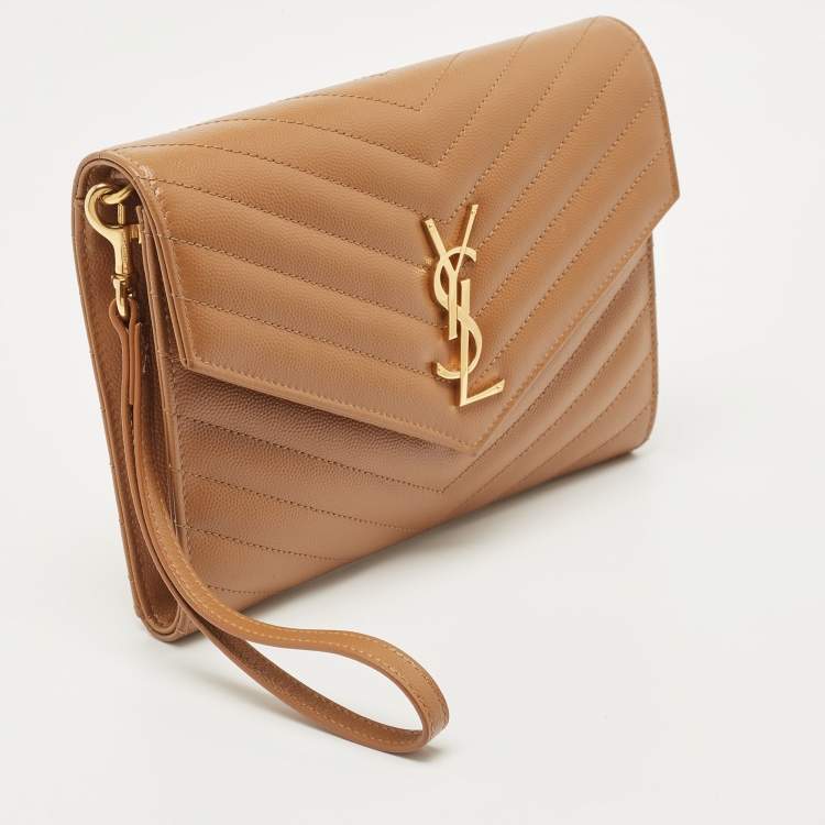 Pre Owned Saint Laurent Beige Chevron Leather Monogram Envelope Wristlet Clutch