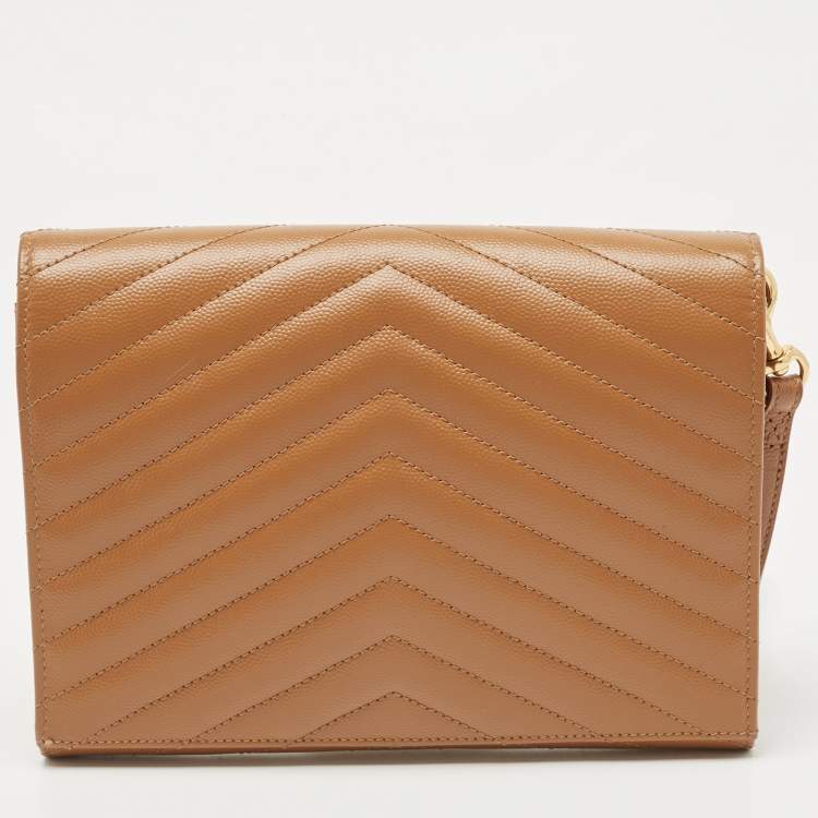 Pre Owned Saint Laurent Beige Chevron Leather Monogram Envelope Wristlet Clutch