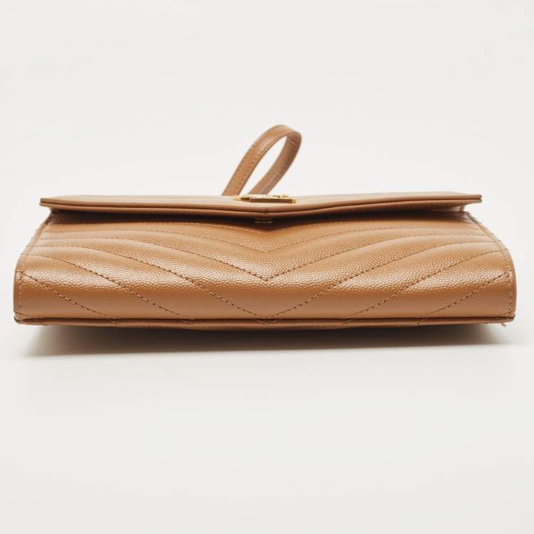 Pre Owned Saint Laurent Beige Chevron Leather Monogram Envelope Wristlet Clutch