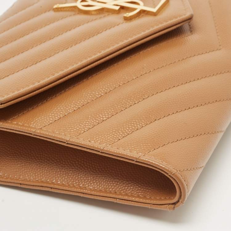 Pre Owned Saint Laurent Beige Chevron Leather Monogram Envelope Wristlet Clutch