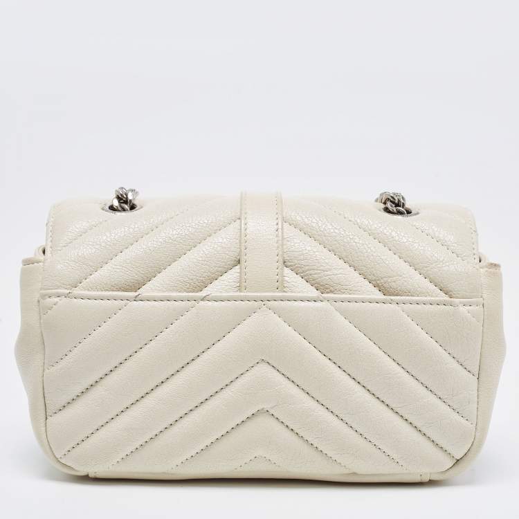 Pre Owned Saint Laurent Off White Matelassé Leather Baby Monogram Flap Bag