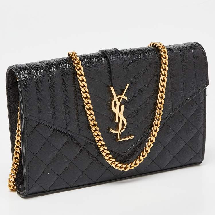 Pre Owned Saint Laurent Black Mix Matelassé Leather Monogram Envelope Wallet on Chain