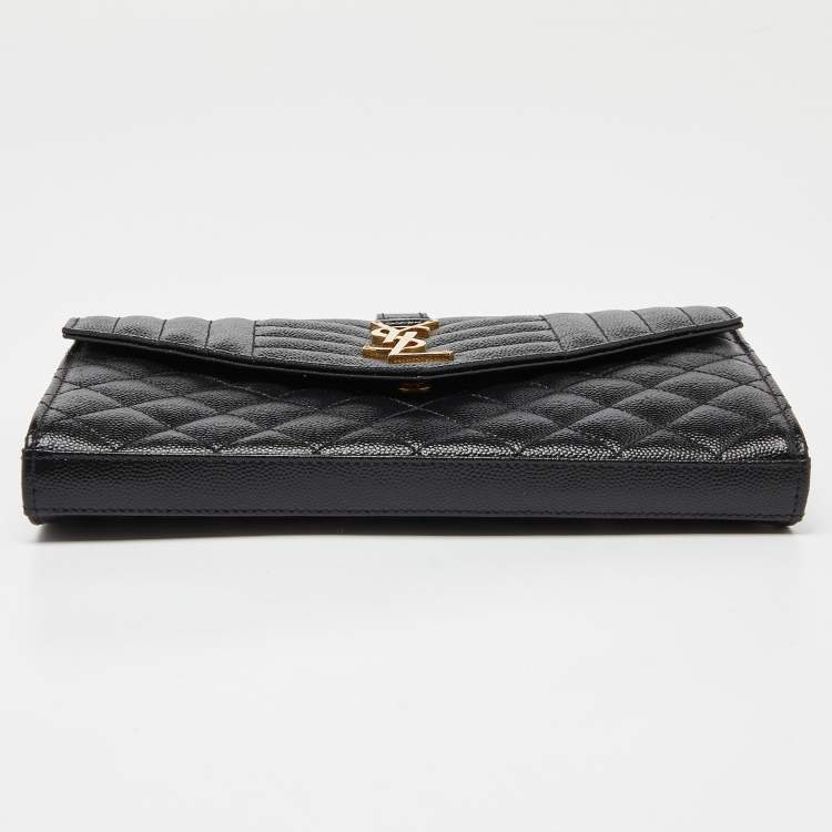 Pre Owned Saint Laurent Black Mix Matelassé Leather Monogram Envelope Wallet on Chain