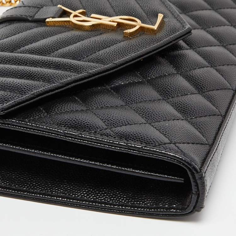 Pre Owned Saint Laurent Black Mix Matelassé Leather Monogram Envelope Wallet on Chain