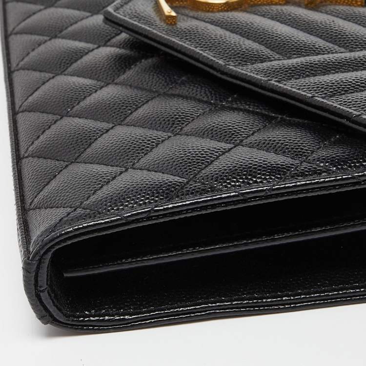 Pre Owned Saint Laurent Black Mix Matelassé Leather Monogram Envelope Wallet on Chain